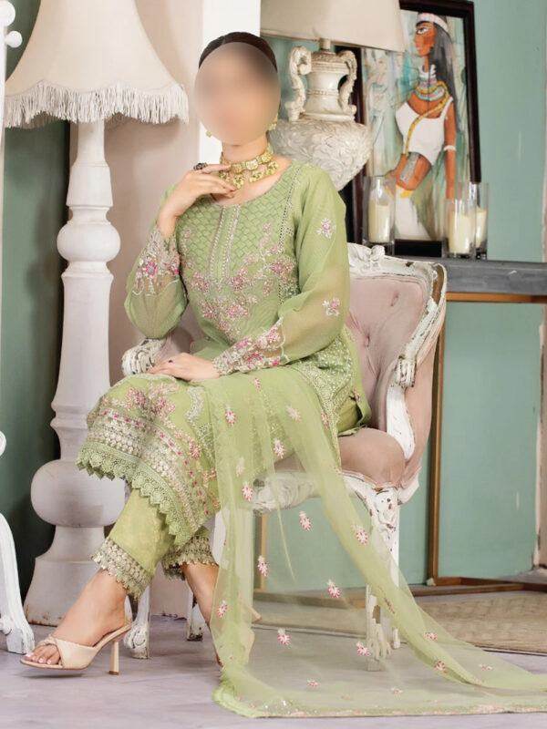 Pistachio Green Luxury - Embroidered Formal Suit with Crystal Dupatta - Image 4