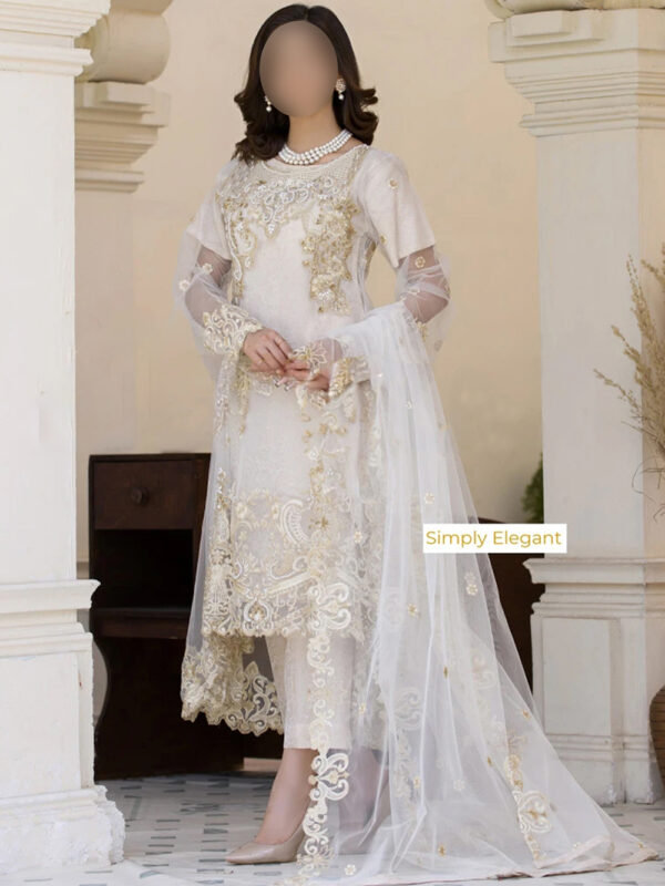 Luxury Off White Tail Frock 3-Pc Embroidered Dress Set - Image 3