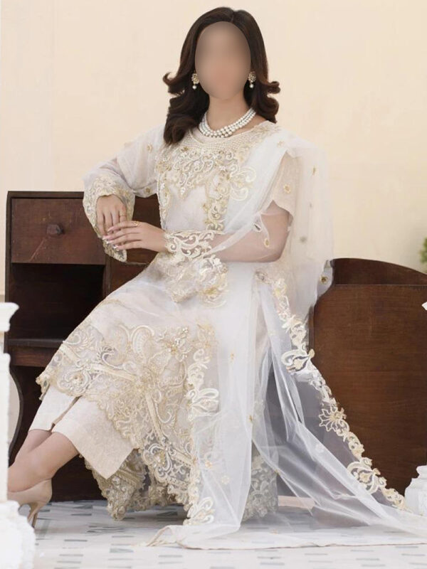 Luxury Off White Tail Frock 3-Pc Embroidered Dress Set - Image 2
