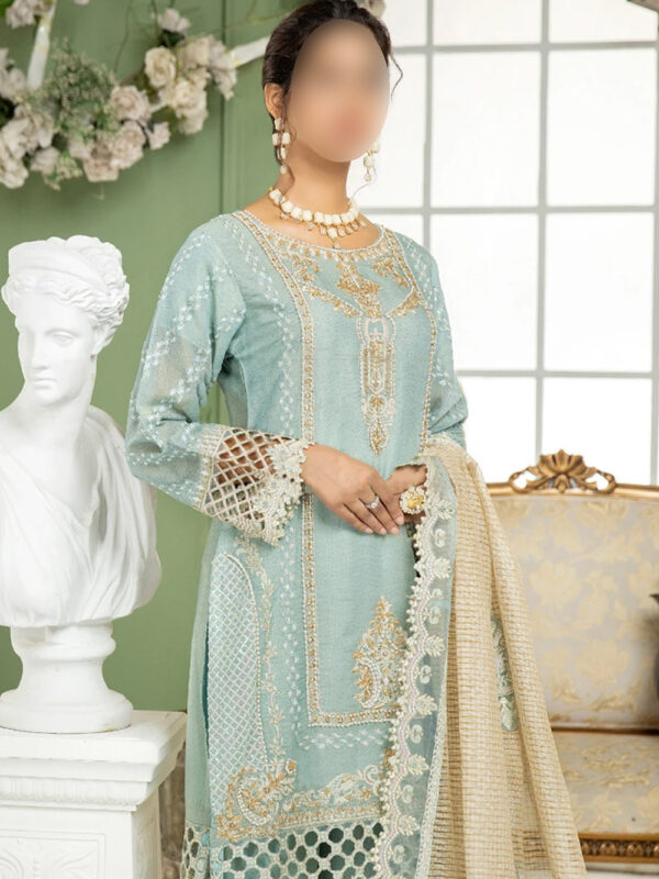 Chic Sky Blue 3-Piece Designer Dress with Sequins, Pearl Details, and Organza Dupatta - Image 2