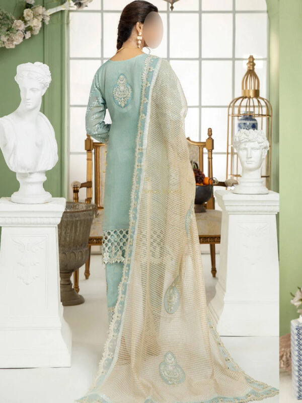 Chic Sky Blue 3-Piece Designer Dress with Sequins, Pearl Details, and Organza Dupatta - Image 3