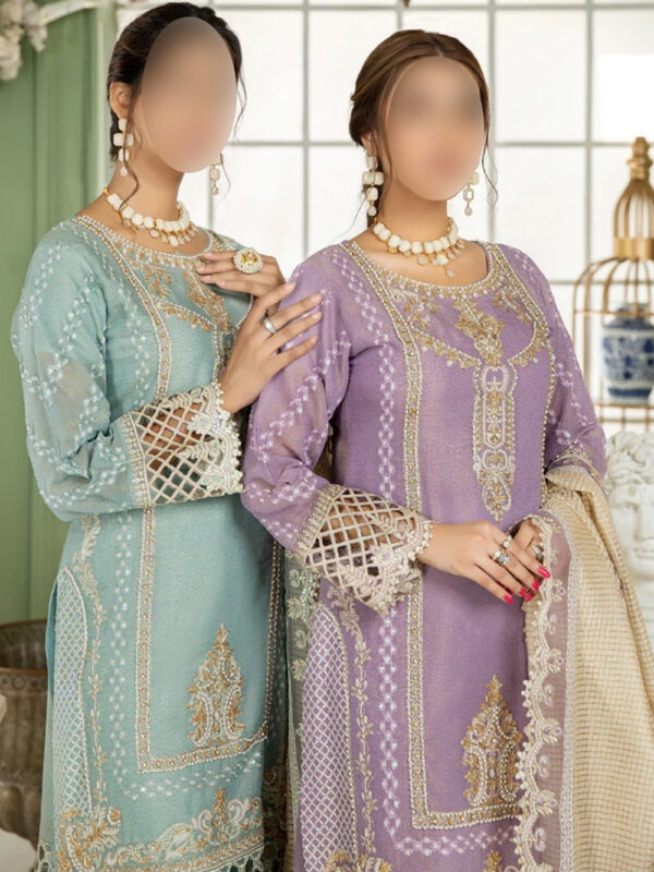 Chic Sky Blue 3-Piece Designer Dress with Sequins, Pearl Details, and Organza Dupatta - Image 5