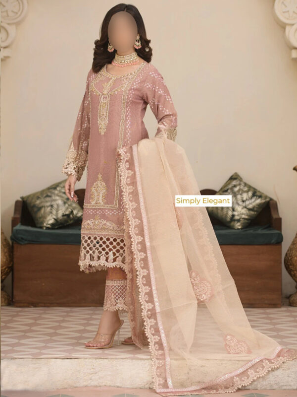 Tea Pink 3-Piece Designer Dress with Sequins, Pearl Details, and Organza Dupatta - Image 2