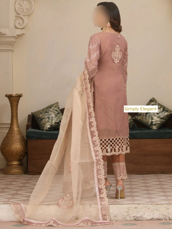 Tea Pink 3-Piece Designer Dress with Sequins, Pearl Details, and Organza Dupatta - Image 4