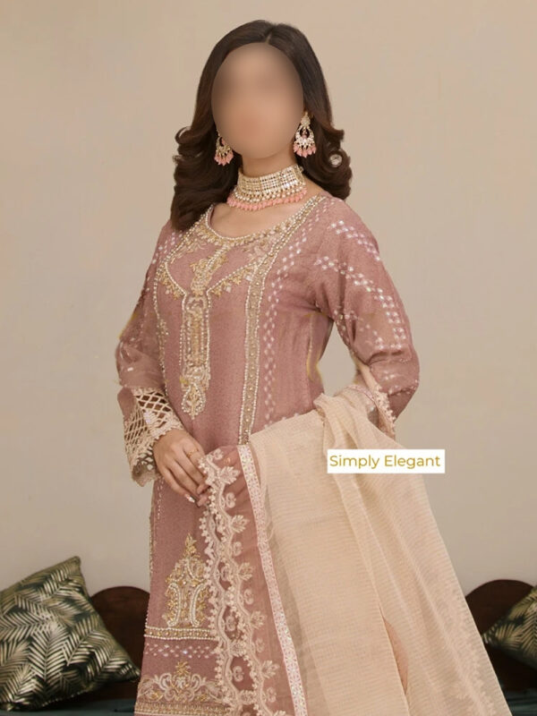 Tea Pink 3-Piece Designer Dress with Sequins, Pearl Details, and Organza Dupatta - Image 3