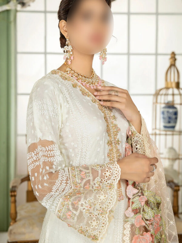 White Schiffli 3-Piece Dress with Sequins, Pearl Accents & Pink Net Dupatta - Image 3