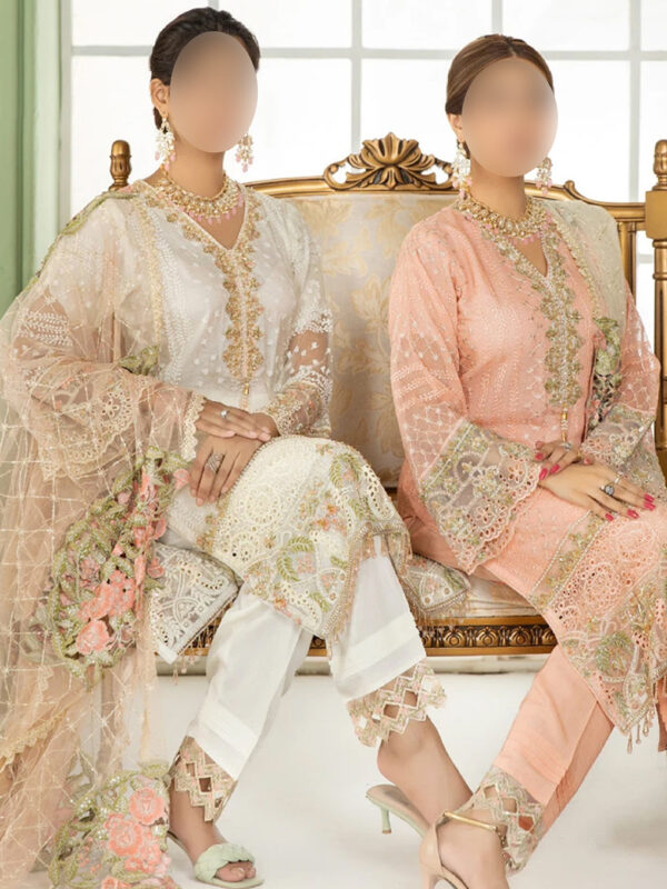 White Schiffli 3-Piece Dress with Sequins, Pearl Accents & Pink Net Dupatta - Image 5