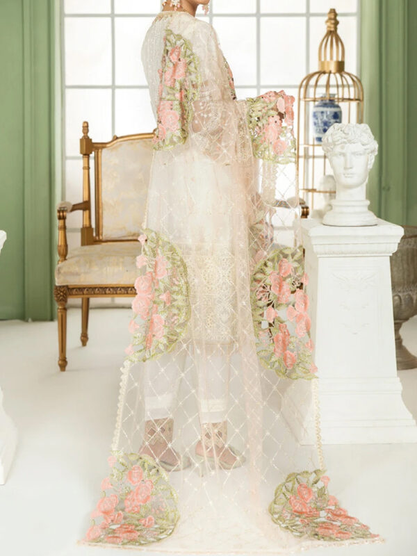 White Schiffli 3-Piece Dress with Sequins, Pearl Accents & Pink Net Dupatta - Image 2
