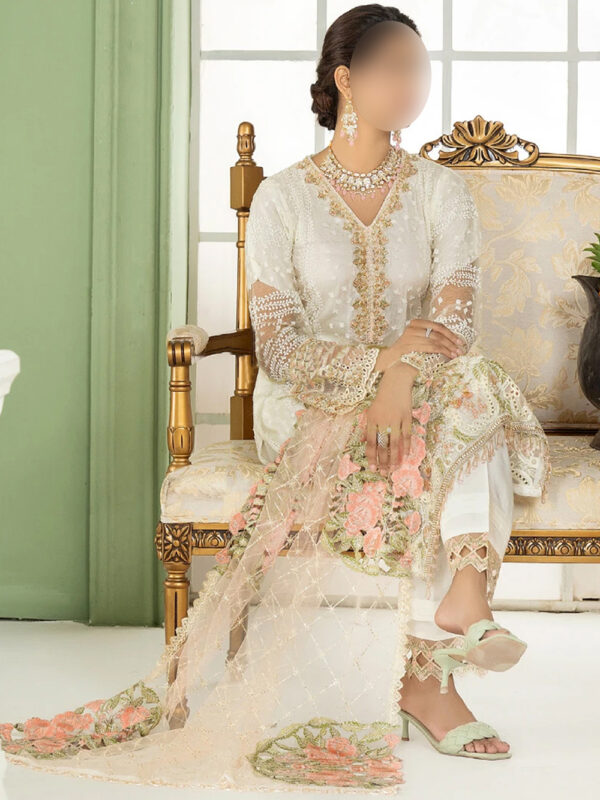 White Schiffli 3-Piece Dress with Sequins, Pearl Accents & Pink Net Dupatta - Image 4