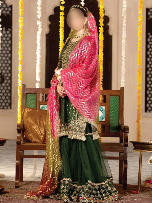 Trendy Bottle Green Dress with Adda, Gota Work & Embellished Gharara - Image 2