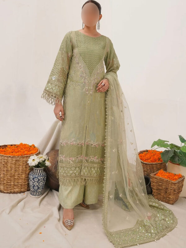 Designer Pistachio Formal Suit in Crundi with Jamawar Pant & Net Dupatta