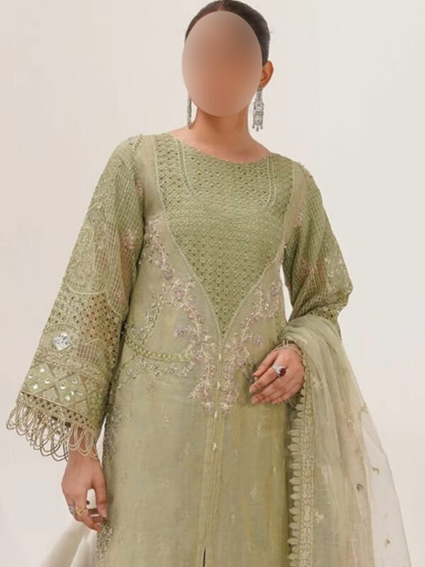 Designer Pistachio Formal Suit in Crundi with Jamawar Pant & Net Dupatta - Image 2