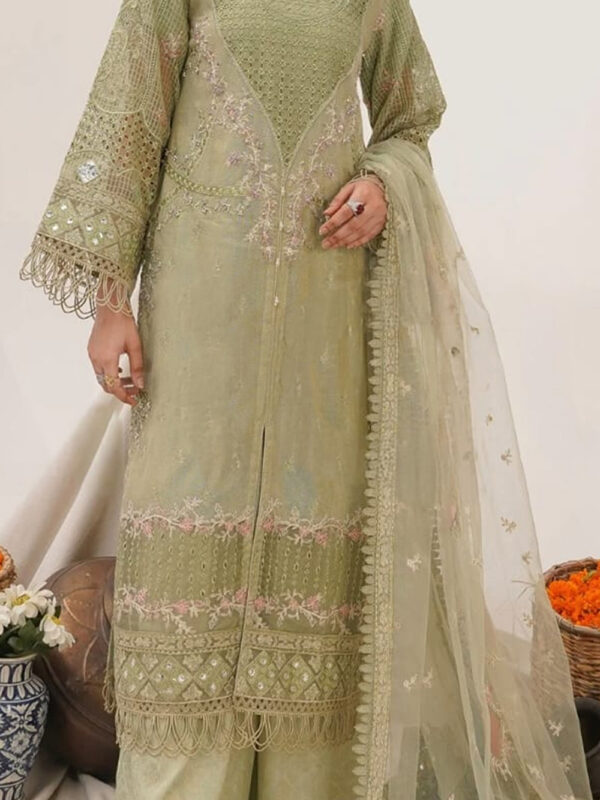 Designer Pistachio Formal Suit in Crundi with Jamawar Pant & Net Dupatta - Image 3