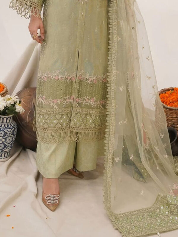 Designer Pistachio Formal Suit in Crundi with Jamawar Pant & Net Dupatta - Image 4