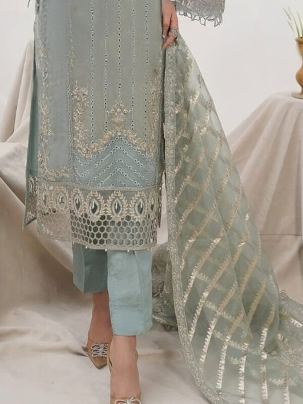 Aqua Glow Stunning Formal Suit with a Classy Organza Dupatta - Image 3