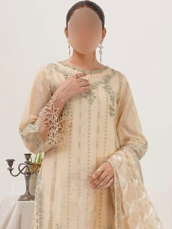 Stylish Ivory Ready-to-Wear Formal Suit with Crundi Fabric and Organza Jacquard Dupatta - Image 2
