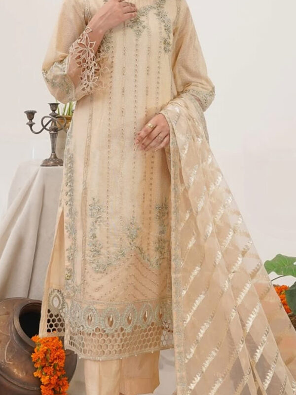 Stylish Ivory Ready-to-Wear Formal Suit with Crundi Fabric and Organza Jacquard Dupatta - Image 3