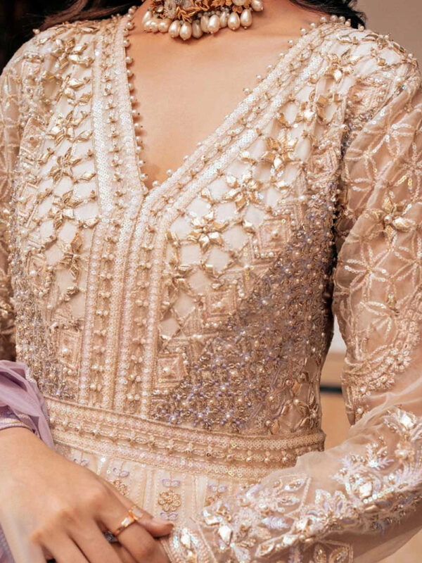 Designer Pearl White Formal Dress with Gotta Work and Lilac Dupatta for Weddings - Image 4