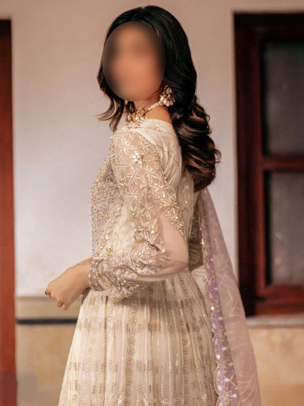 Designer Pearl White Formal Dress with Gotta Work and Lilac Dupatta for Weddings - Image 3