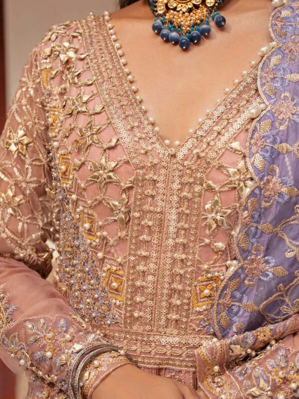 Fairytale Pink Maxi Dress with Gotta Work and Lilac Dupatta for Weddings - Image 4