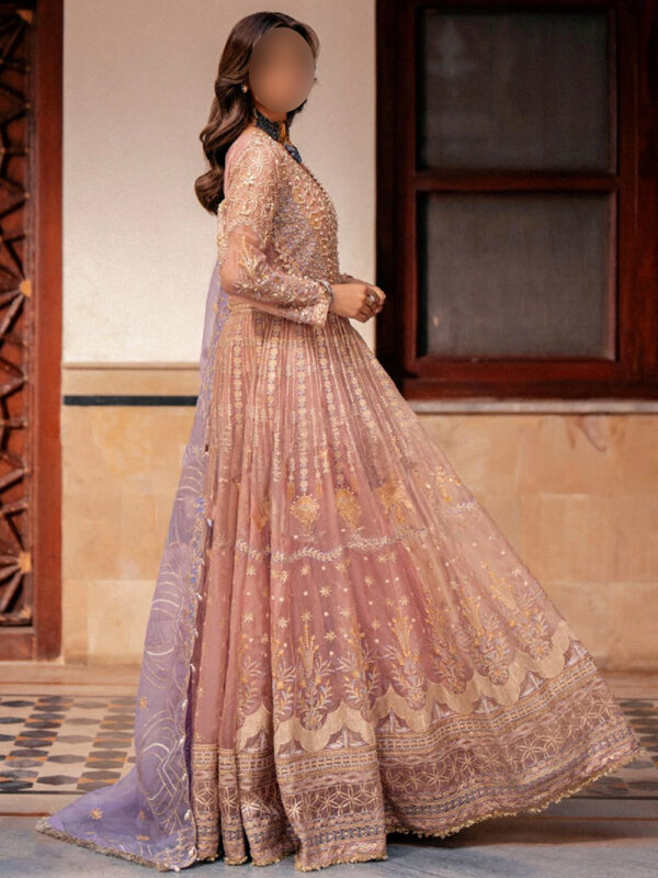 Fairytale Pink Maxi Dress with Gotta Work and Lilac Dupatta for Weddings - Image 2