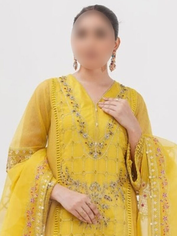 Stylish Yellow Mustard Formal Wear - Organza Jacquard Shirt with Cotton Jamawar Pants for Special Occasions - Image 2