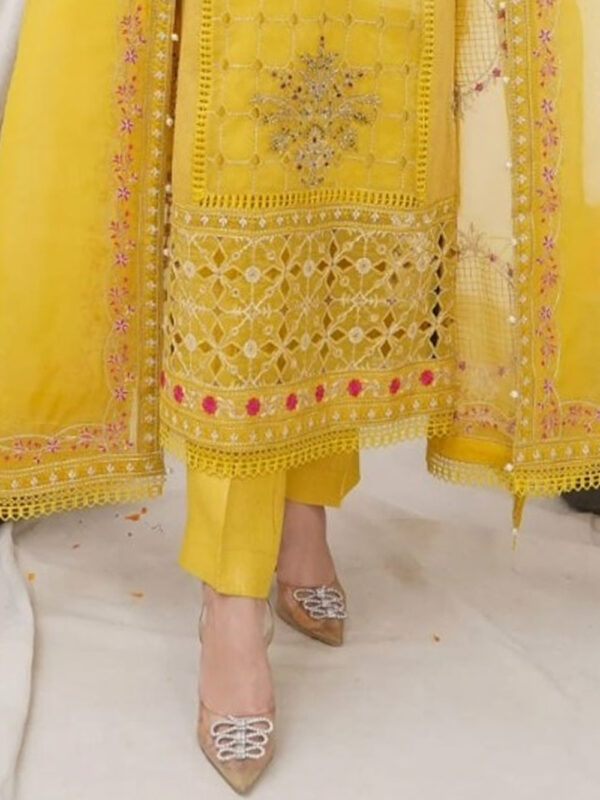 Stylish Yellow Mustard Formal Wear - Organza Jacquard Shirt with Cotton Jamawar Pants for Special Occasions - Image 3