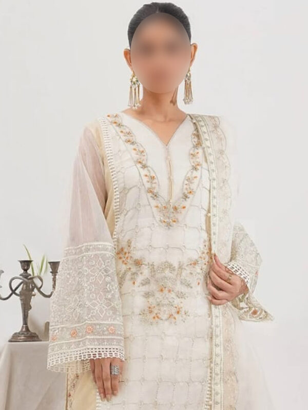 Stylish White Formal Wear - Organza Jacquard Shirt with Cotton Jamawar Pants for Special Occasions - Image 2