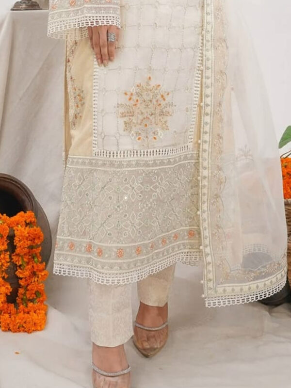 Stylish White Formal Wear - Organza Jacquard Shirt with Cotton Jamawar Pants for Special Occasions - Image 3