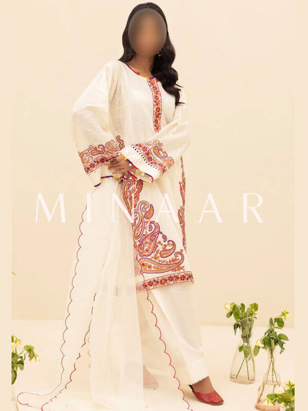 Embroidered Off-White Salwar Kameez - Indian Pakistani Clothes - Image 3
