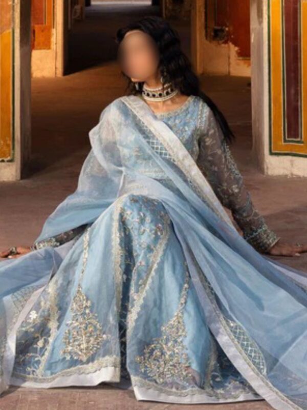 Ice Blue Embroidered Maxi Dress with Dupatta - Image 3