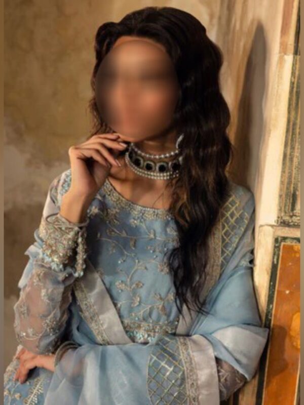 Ice Blue Embroidered Maxi Dress with Dupatta - Image 6