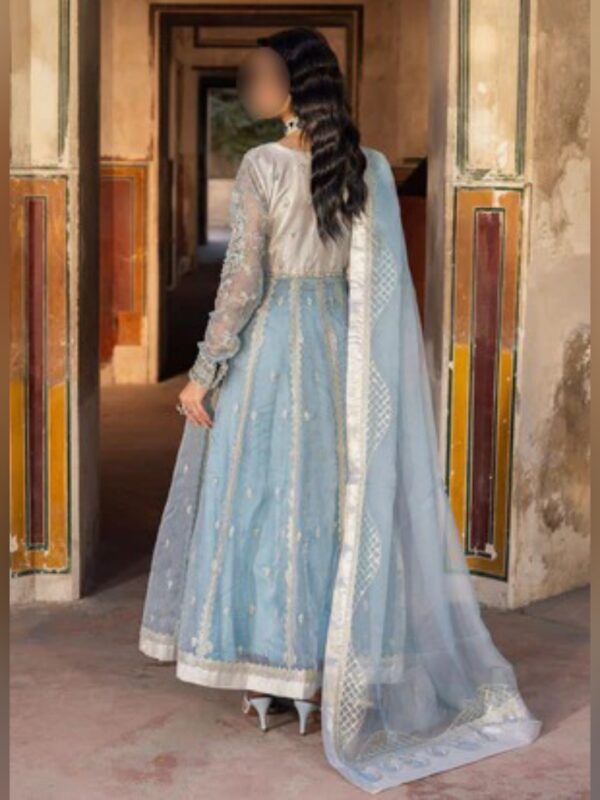 Ice Blue Embroidered Maxi Dress with Dupatta - Image 5
