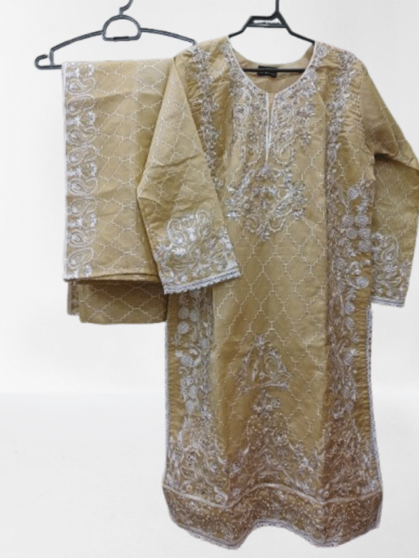 Lime Embroidered Khaddi Net 3-Piece Suit - Image 2