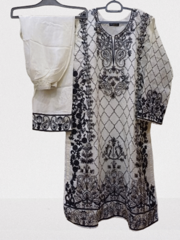 White Embroidered Khaddi Net 3-Piece Suit - Image 2