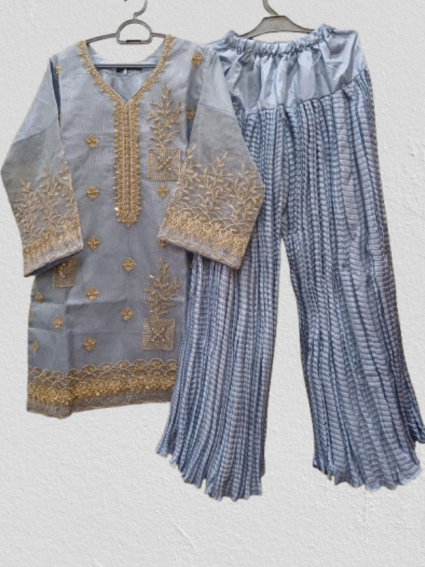 Embroidered Shirt Crush Gharara With Organza Dupatta - Image 11