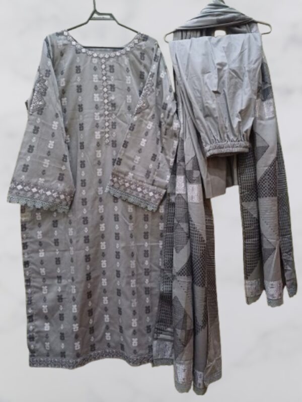 Grey Jacquard Salwar Kameez With Dupatta - Image 2