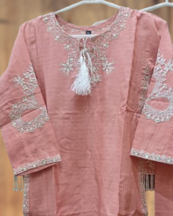 Soft Pink Embroidered 2-Piece Suit with Tassel & Pearl Detailing - Image 2