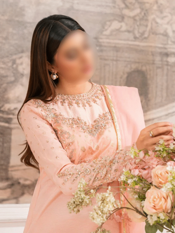 Peach Embroidered Rawsilk Kurta Set | 3 Piece Pakistani Suit for Women - Image 4