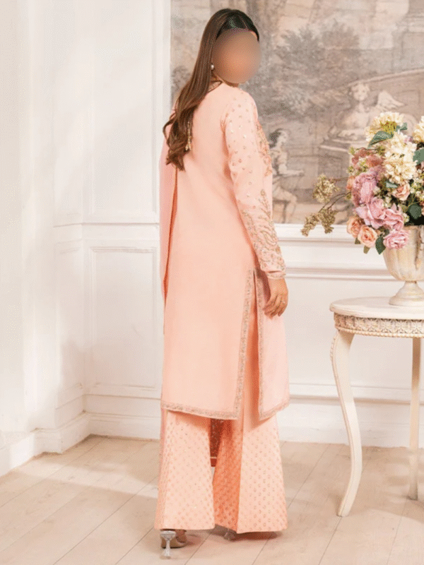 Peach Embroidered Rawsilk Kurta Set | 3 Piece Pakistani Suit for Women - Image 5