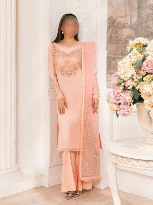 Peach Embroidered Rawsilk Kurta Set | 3 Piece Pakistani Suit for Women - Image 2