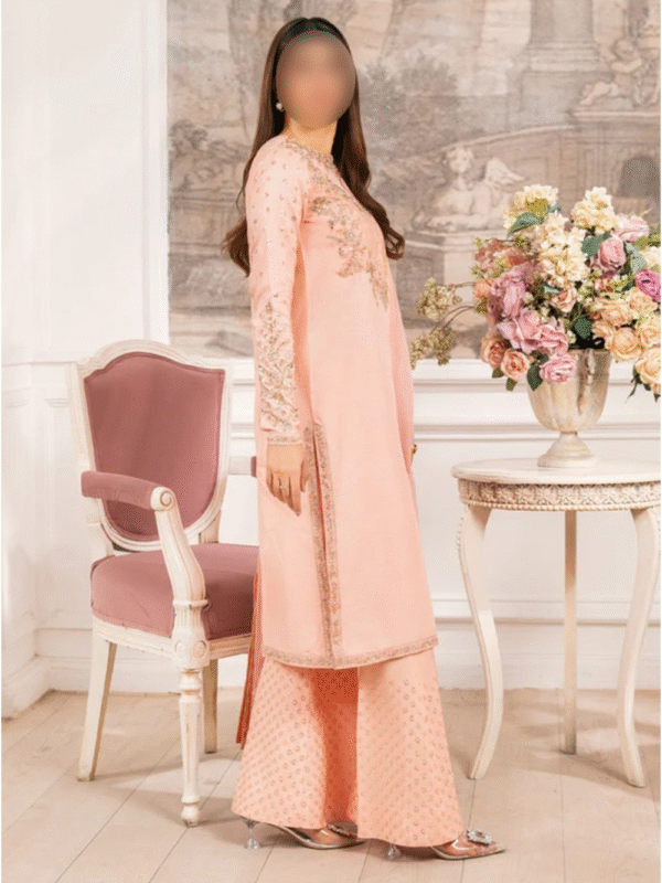 Peach Embroidered Rawsilk Kurta Set | 3 Piece Pakistani Suit for Women - Image 3